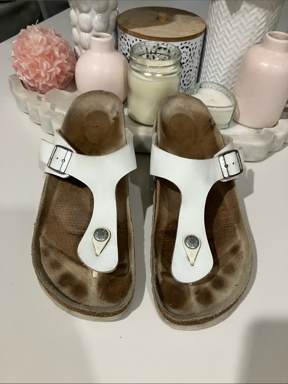 Birkenstock sandals, women’s 11, eu 42 , men’s 9 White leather.